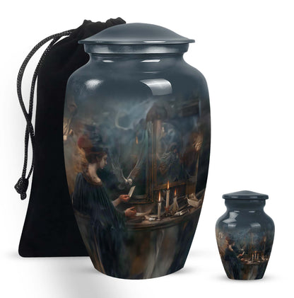 10-inch aluminum Tarot Urn, classic design cremation urn for burial, comes with velvet pouch