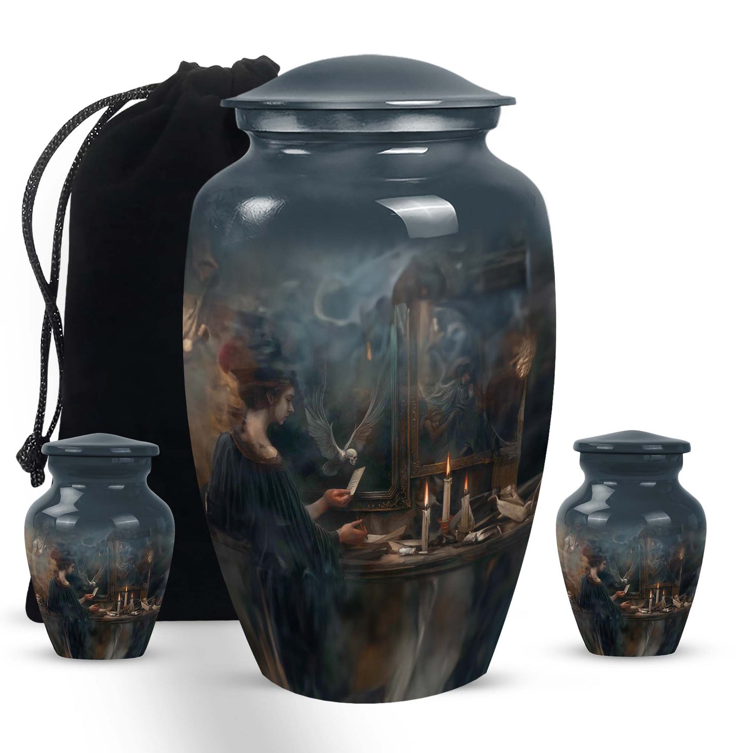 10-inch aluminum Tarot Urn, classic design cremation urn for burial, comes with velvet pouch