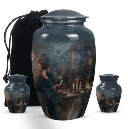 10-inch aluminum Tarot Urn, classic design cremation urn for burial, comes with velvet pouch