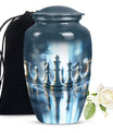 classic chess-themed aluminium cremation urn.