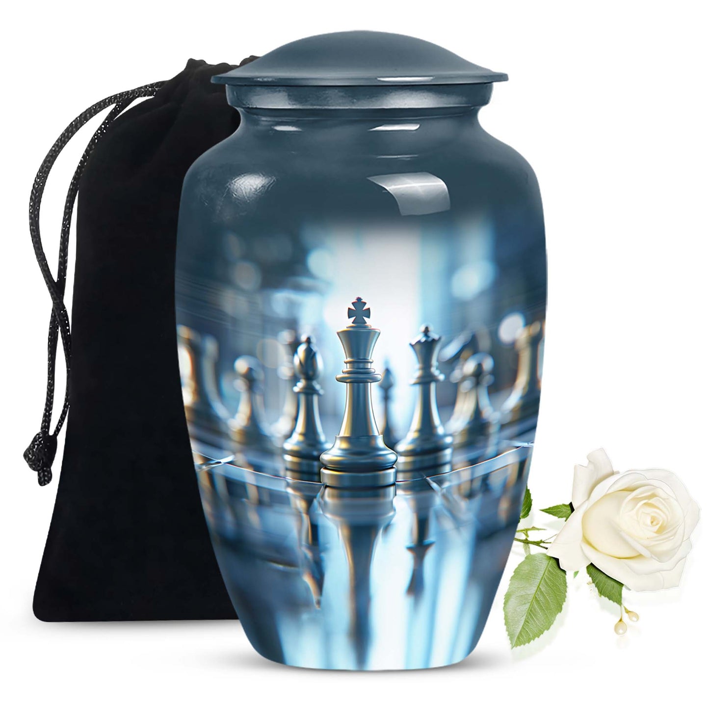 classic chess-themed aluminium cremation urn.