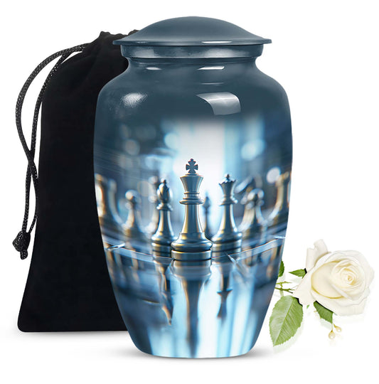 classic chess-themed aluminium cremation urn.