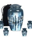 classic chess-themed aluminium cremation urn.
