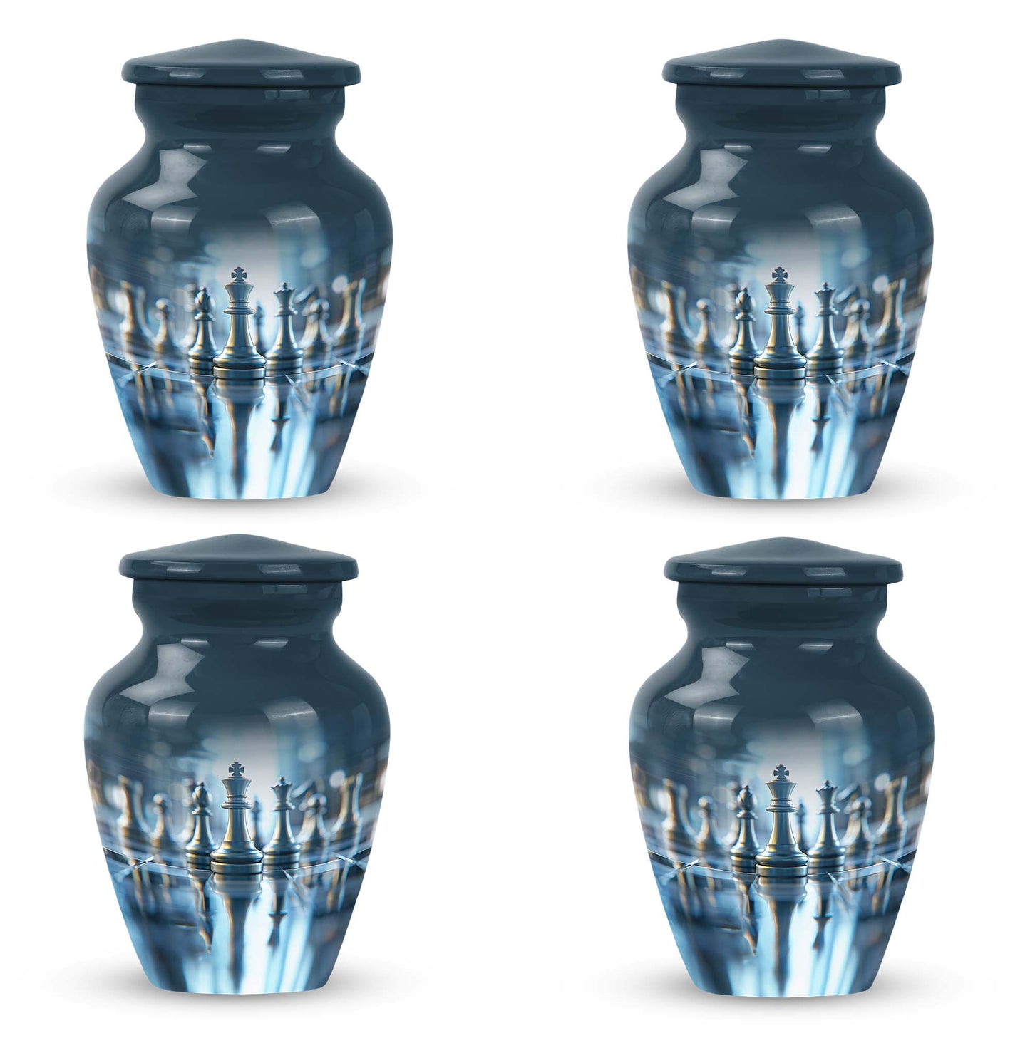 classic chess-themed aluminium cremation urn.