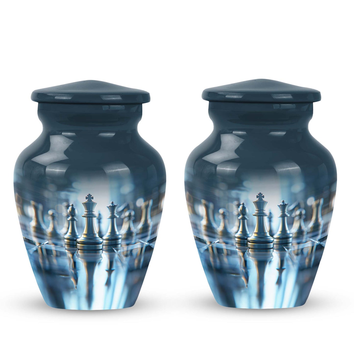 classic chess-themed aluminium cremation urn.