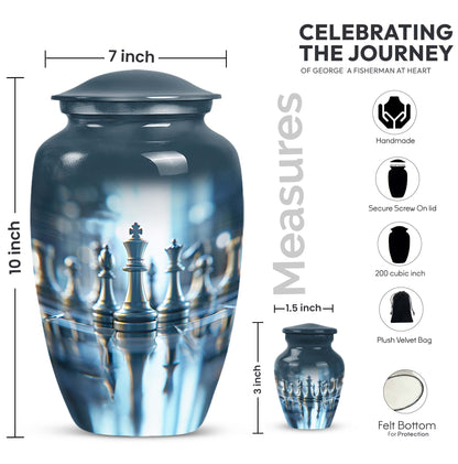 classic chess-themed aluminium cremation urn.