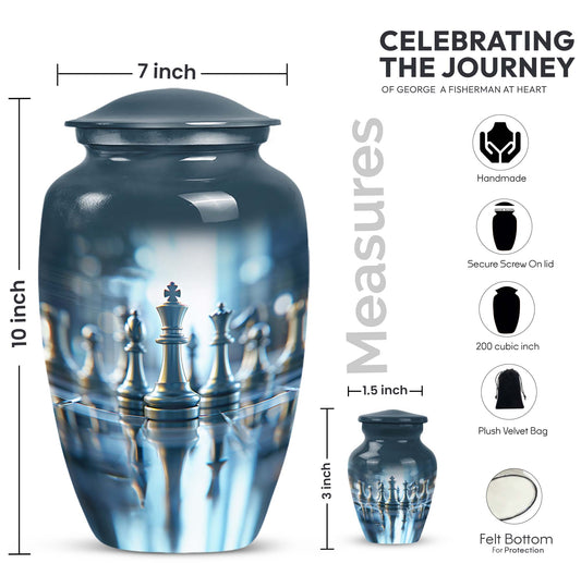 classic chess-themed aluminium cremation urn.