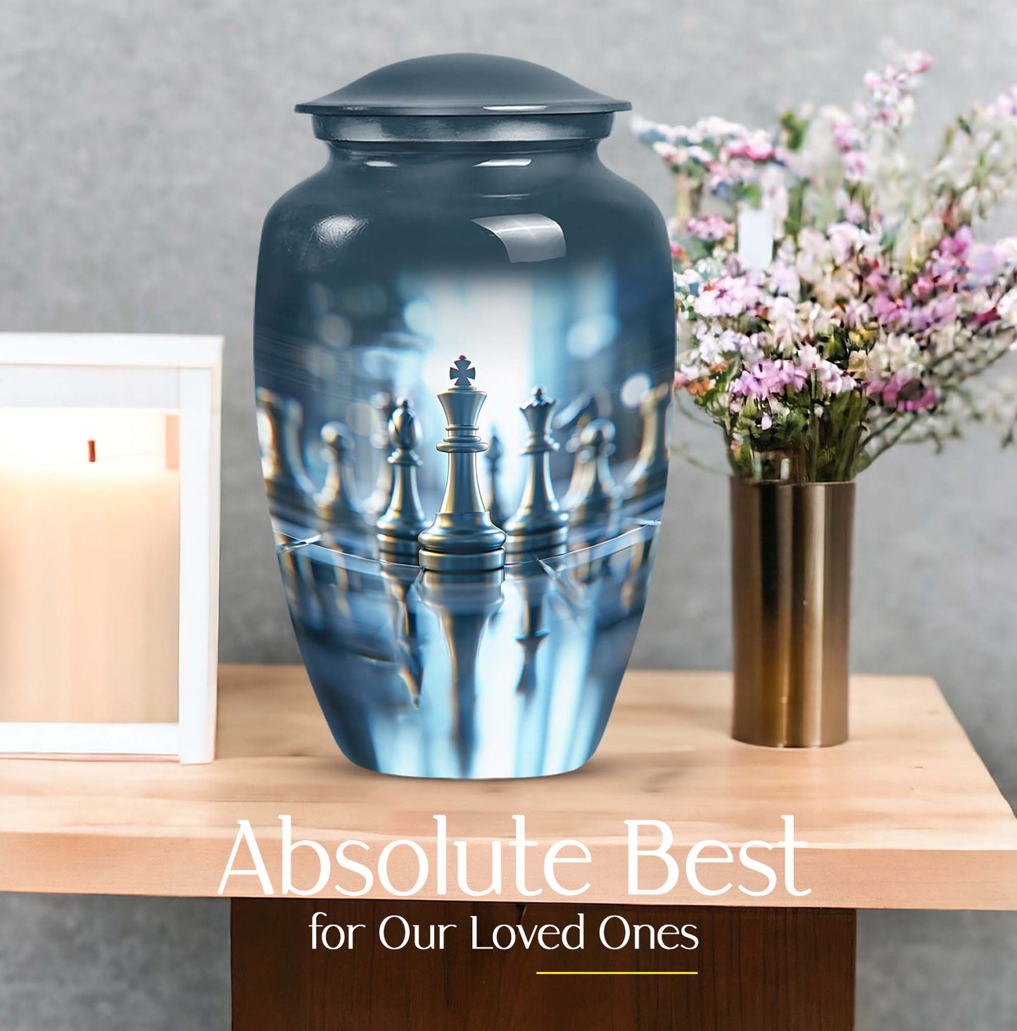 classic chess-themed aluminium cremation urn.
