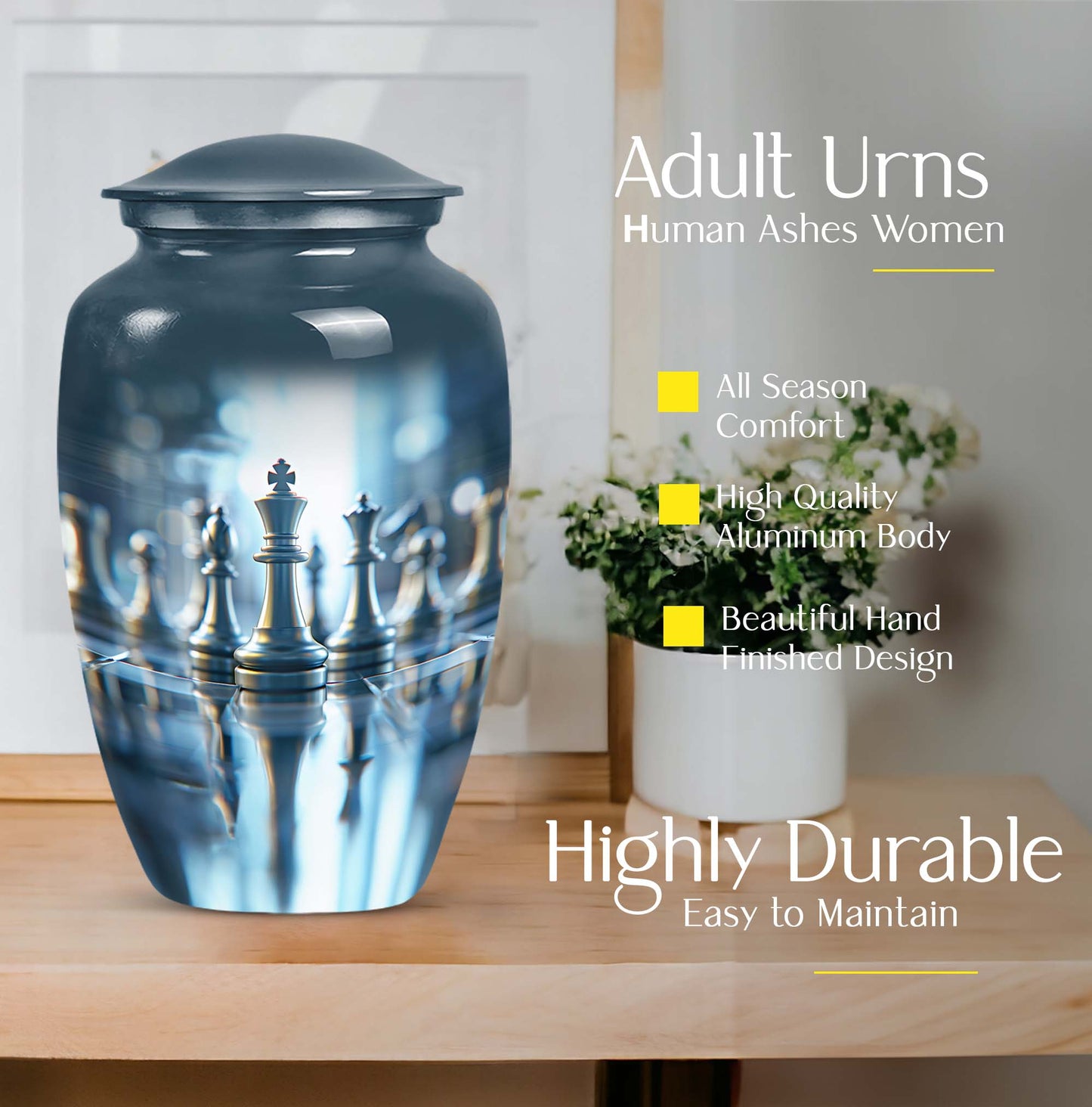classic chess-themed aluminium cremation urn.