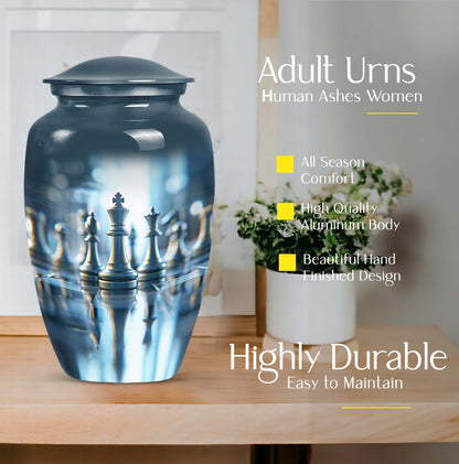 classic chess-themed aluminium cremation urn.