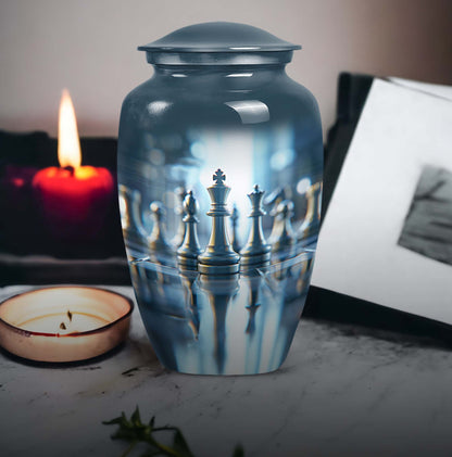 classic chess-themed aluminium cremation urn.