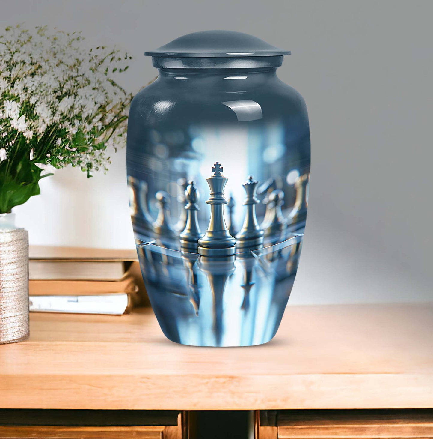 classic chess-themed aluminium cremation urn.