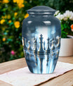 classic chess-themed aluminium cremation urn.