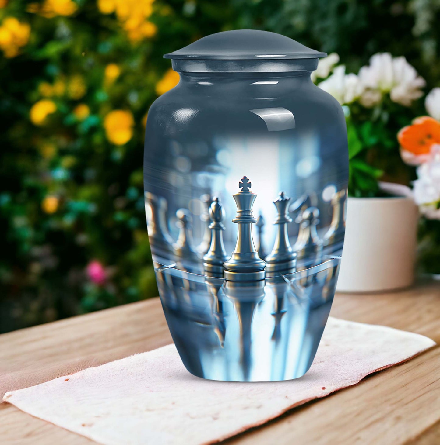 classic chess-themed aluminium cremation urn.