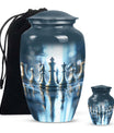 classic chess-themed aluminium cremation urn.