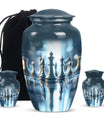 classic chess-themed aluminium cremation urn.