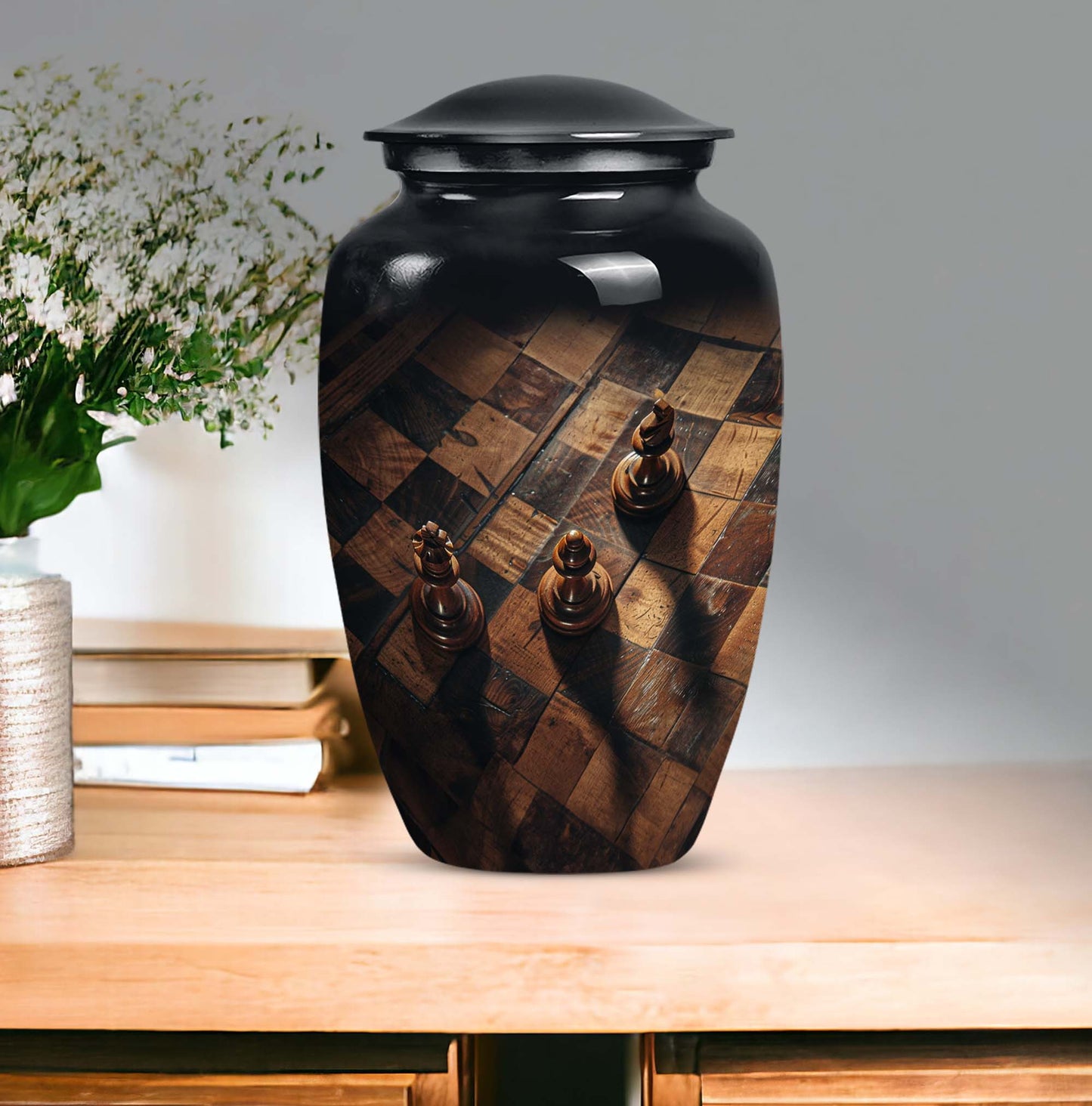 10 inch classic aluminium Chess Urn, a memorial cremation 