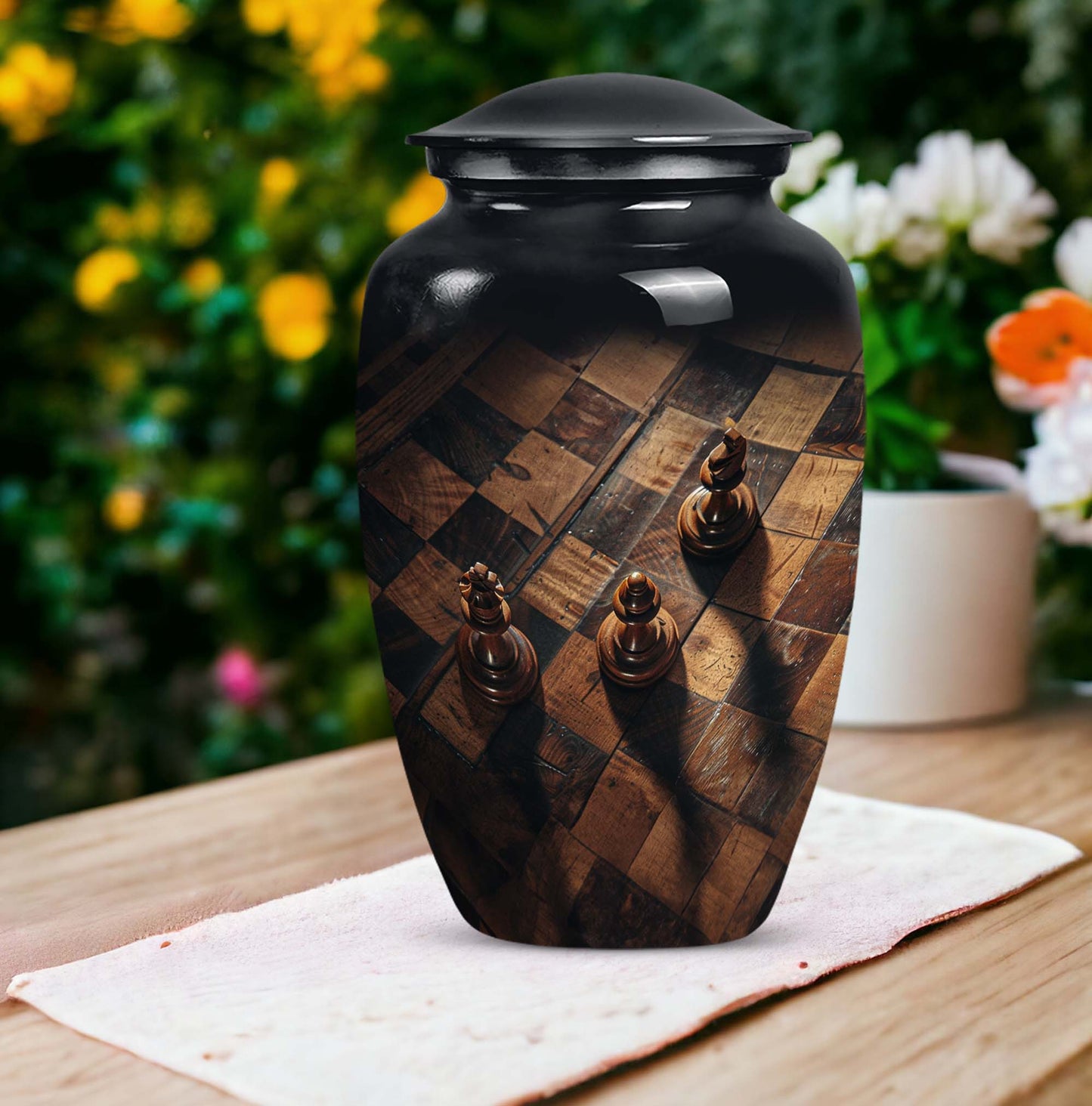 10 inch classic aluminium Chess Urn, a memorial cremation 