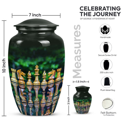 Classic chess-themed 10-inch funeral urn