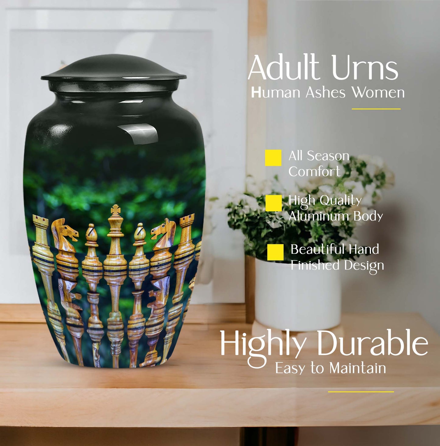 Classic chess-themed 10-inch funeral urn