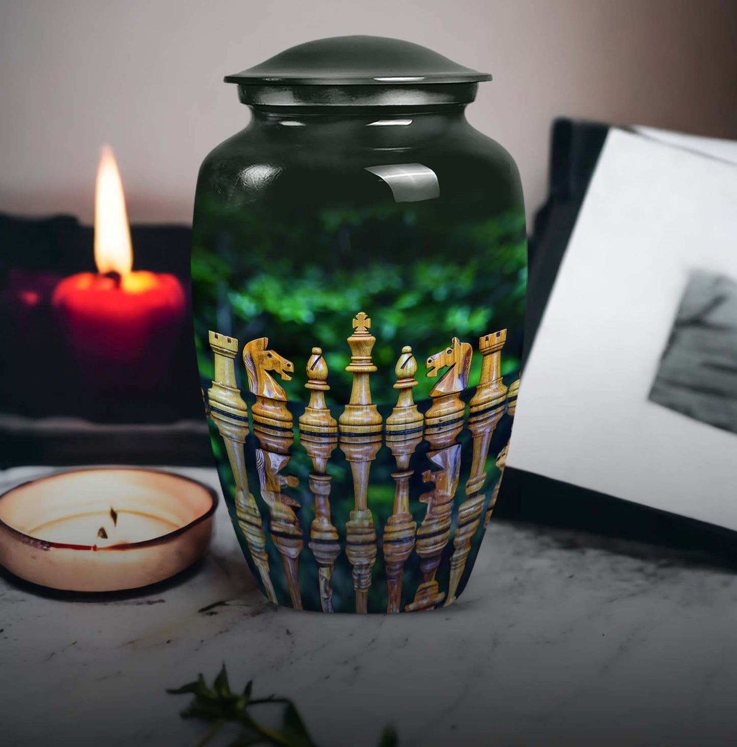 Classic chess-themed 10-inch funeral urn