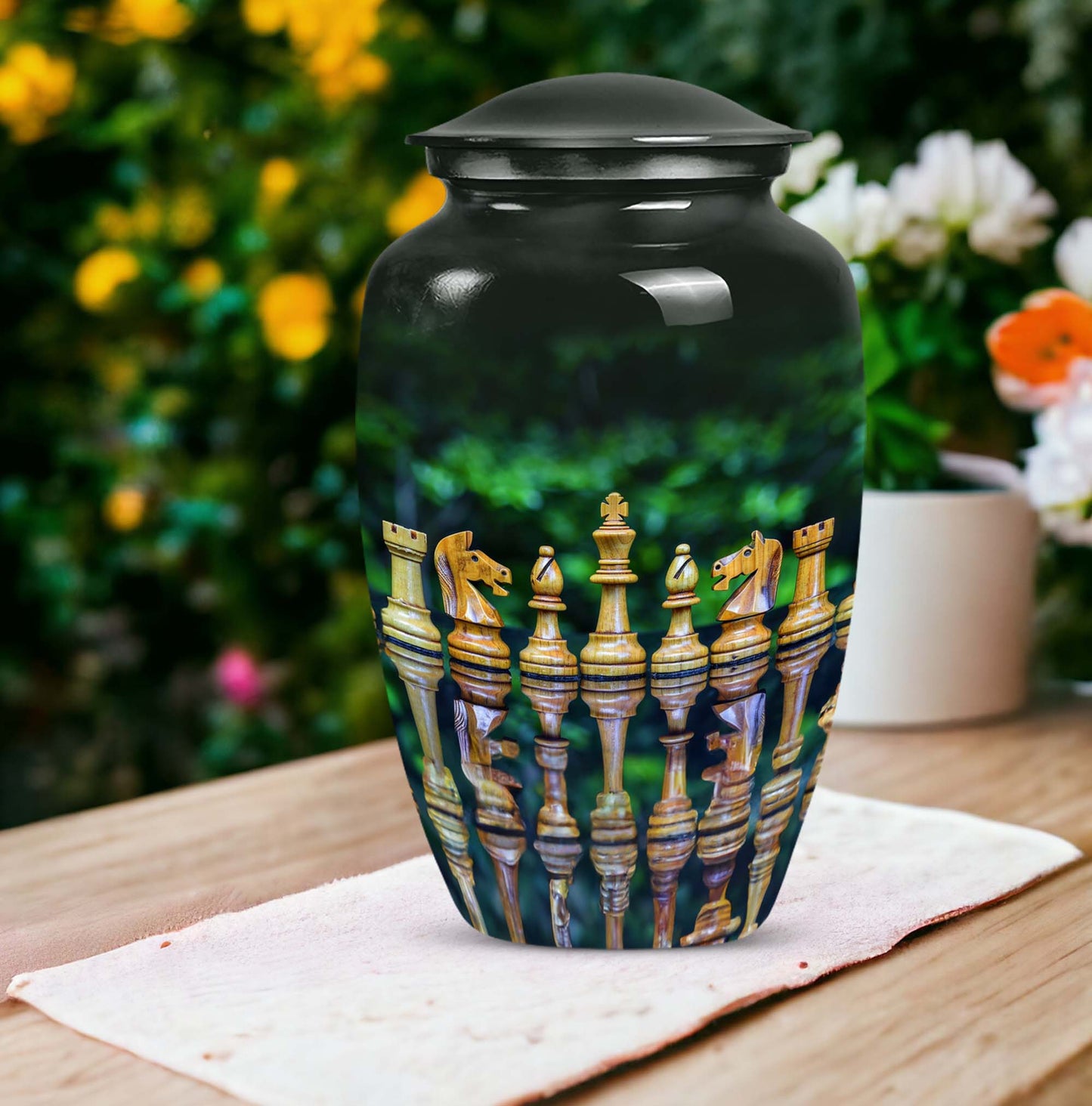Classic chess-themed 10-inch funeral urn