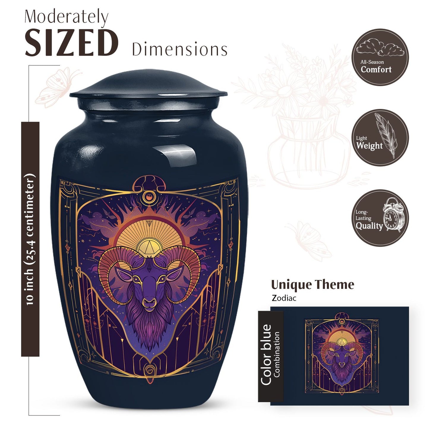 Handcrafted zodiac 10-inch urn for ashes with classic design