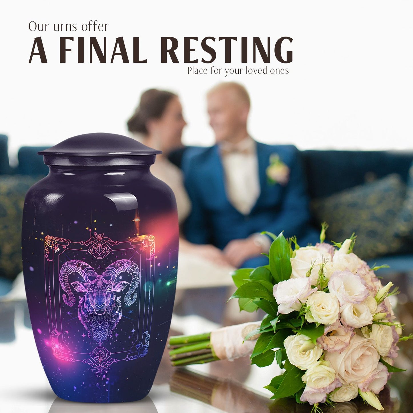 10-inch classic zodiac urn in an abstract design for cremation ashes, customizable with engraved names