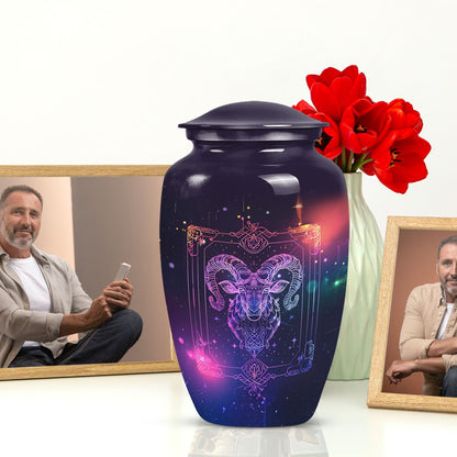 10-inch classic zodiac urn in an abstract design for cremation ashes, customizable with engraved names