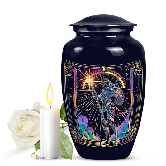 Classic 10 inch Zodiac Urn, large memorial aluminum urn.