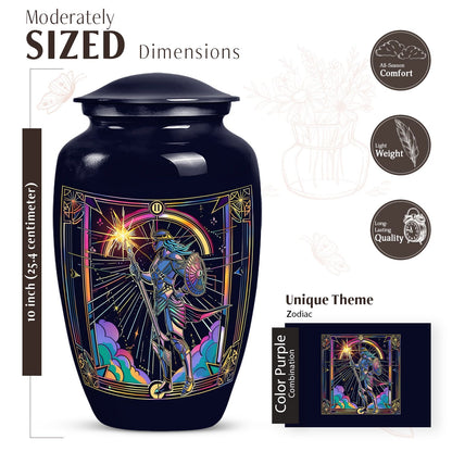 Classic 10 inch Zodiac Urn, large memorial aluminum urn.