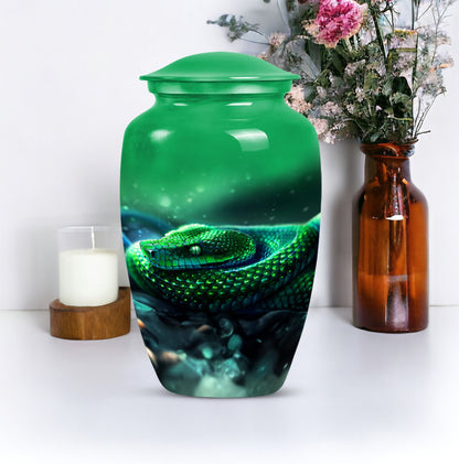 abstract aluminium snake urn for adult human ashes.