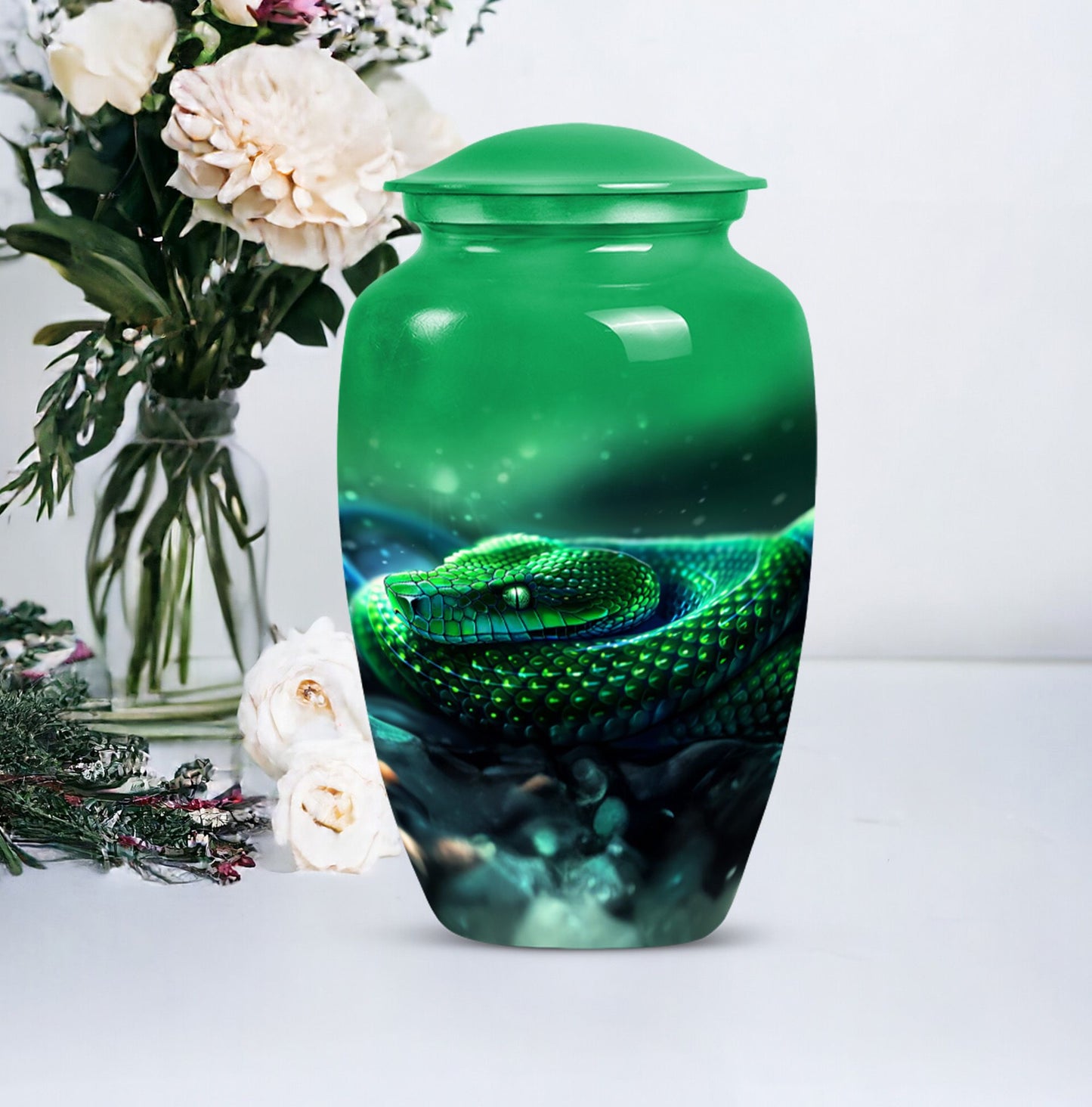 abstract aluminium snake urn for adult human ashes.