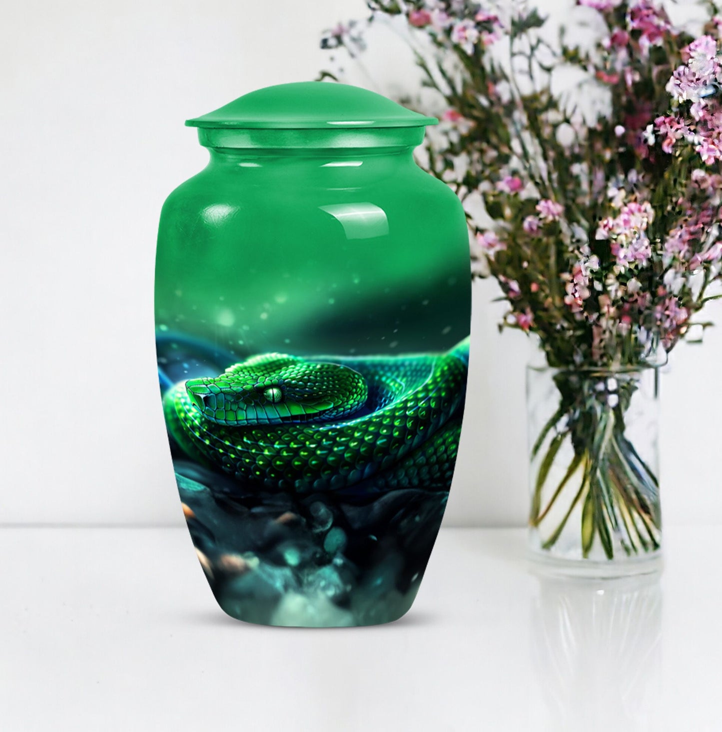 abstract aluminium snake urn for adult human ashes.