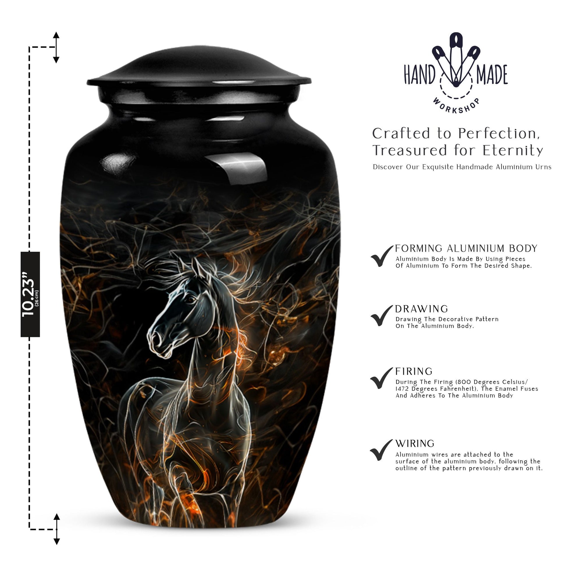 Classic 10-inch Horse Urn made of Aluminium for funeral, 