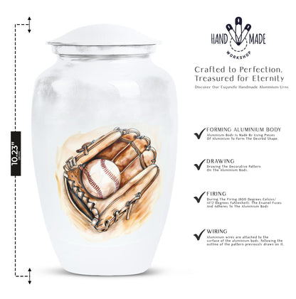 Classic 10-inch baseball cremation urn in abstract design, 
