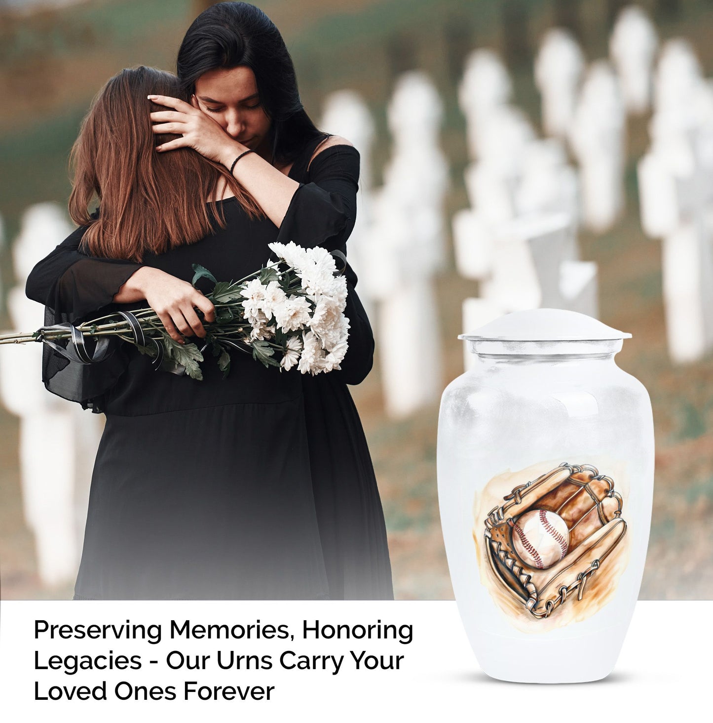 Classic 10-inch baseball cremation urn in abstract design, 
