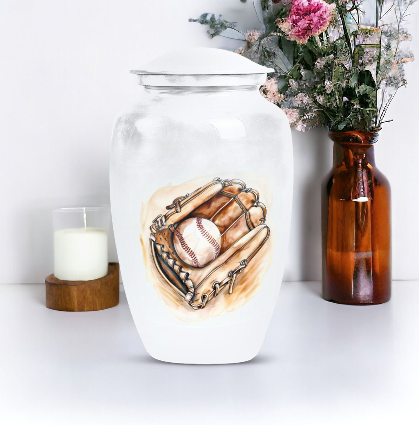Classic 10-inch baseball cremation urn in abstract design, 