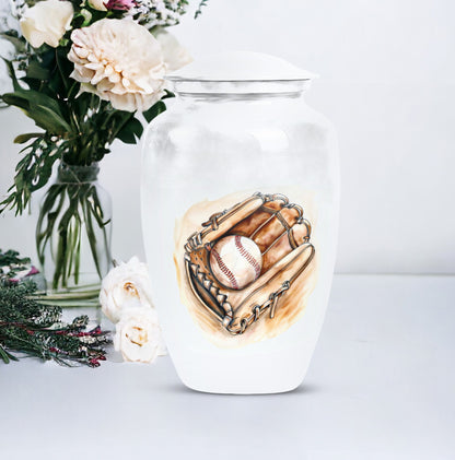 Classic 10-inch baseball cremation urn in abstract design, 