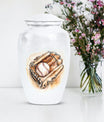 Classic 10-inch baseball cremation urn in abstract design, 