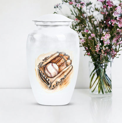 Classic 10-inch baseball cremation urn in abstract design, 