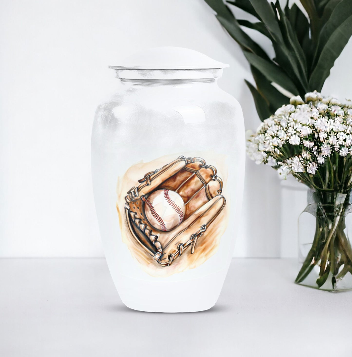 Classic 10-inch baseball cremation urn in abstract design, 
