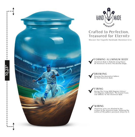 Classic 10 inch baseball cremation urn made of aluminium.