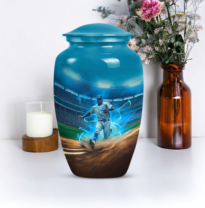 Classic 10 inch baseball cremation urn made of aluminium.