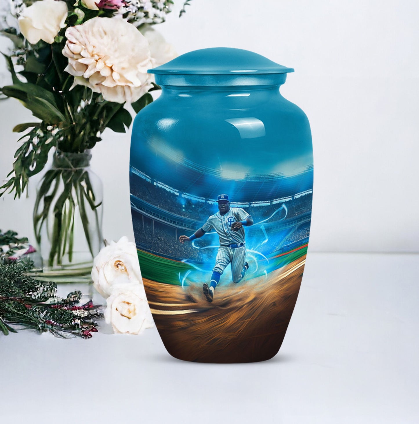 Classic 10 inch baseball cremation urn made of aluminium.