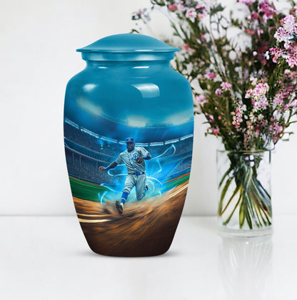 Classic 10 inch baseball cremation urn made of aluminium.