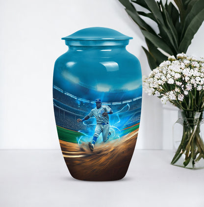 Classic 10 inch baseball cremation urn made of aluminium.