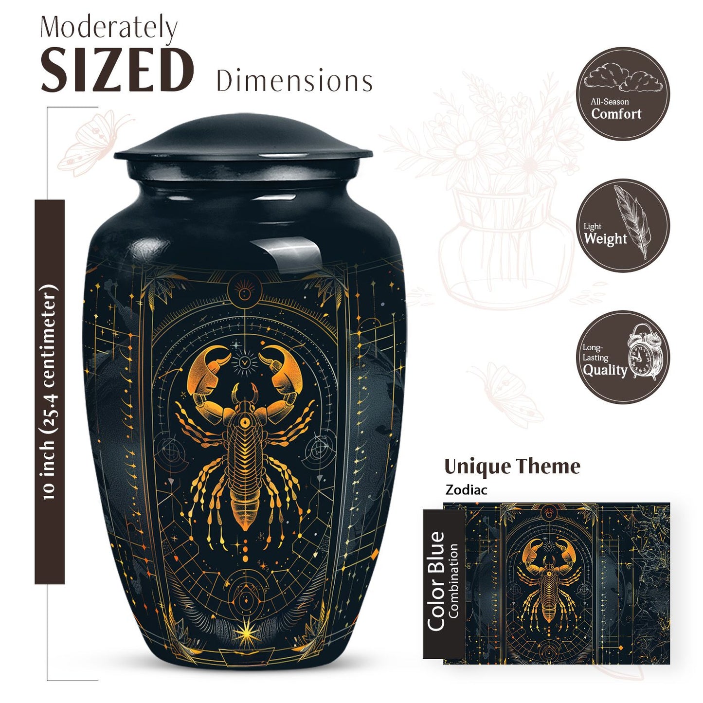 Classic 10 inch Zodiac Urn, memorial large