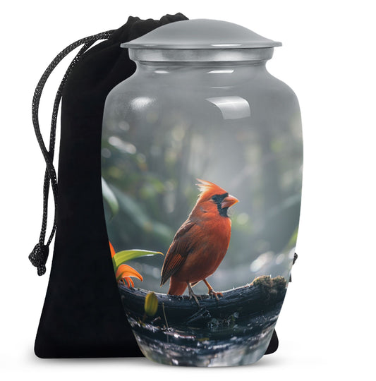 Classic Cardinal Bird Urn for ashes, sizable cremation urn.