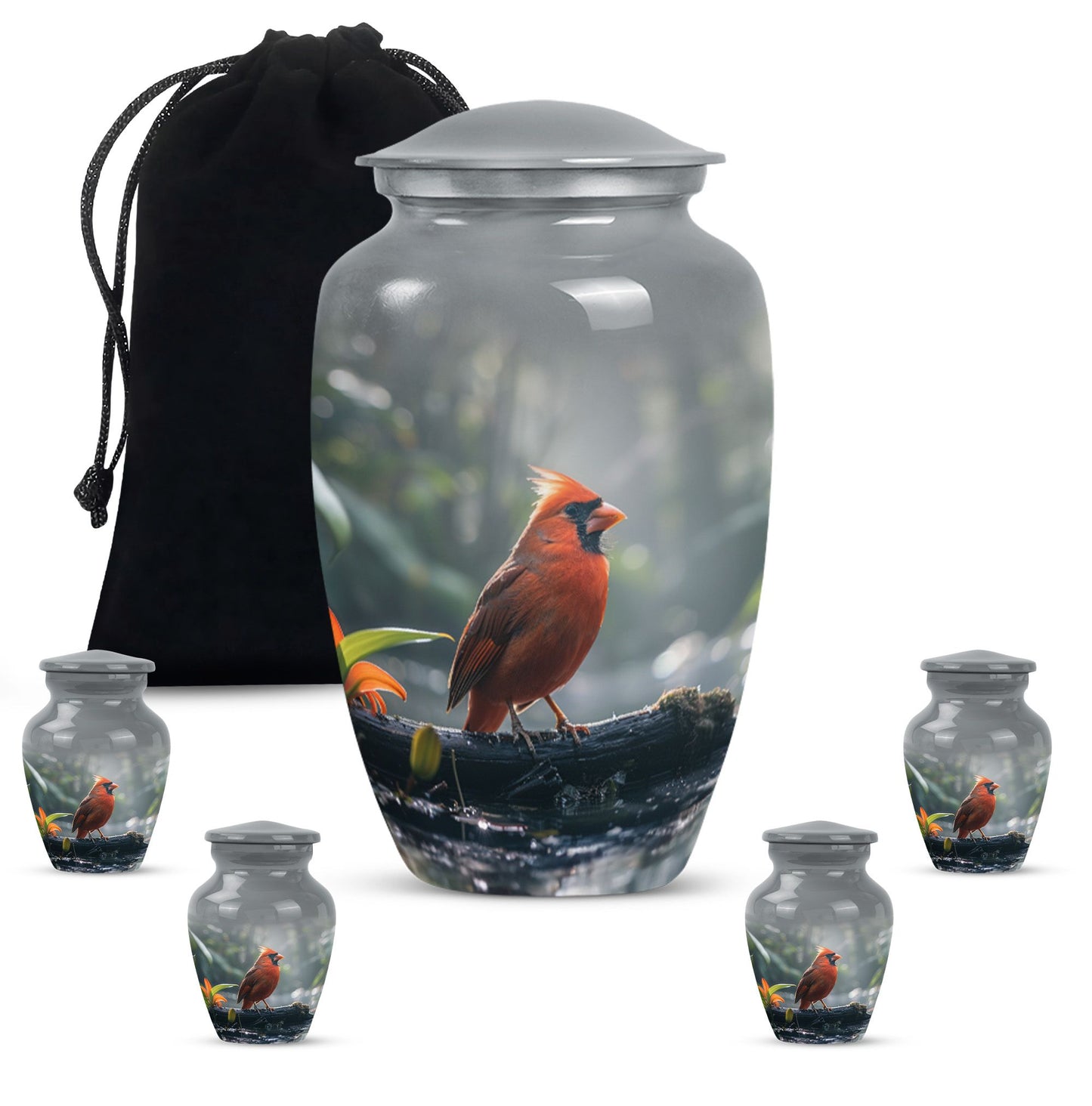 Classic Cardinal Bird Urn for ashes, sizable cremation urn.